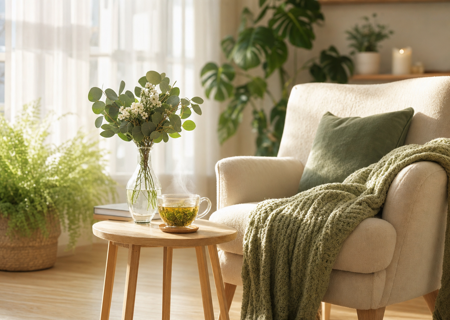 Coin lecture lumineux et apaisant près d'une fenêtre, fauteuil douillet, plaid, tisane fumante et plantes vertes baignés d'une douce lumière naturelle porteuse d'espoir