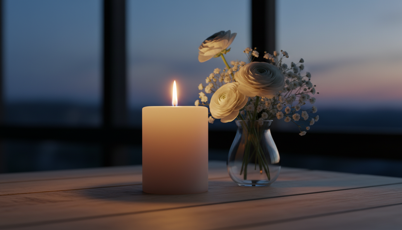 Bougie blanche à la flamme douce à côté de fleurs blanches délicates sur une table en bois, ambiance sereine et respectueuse