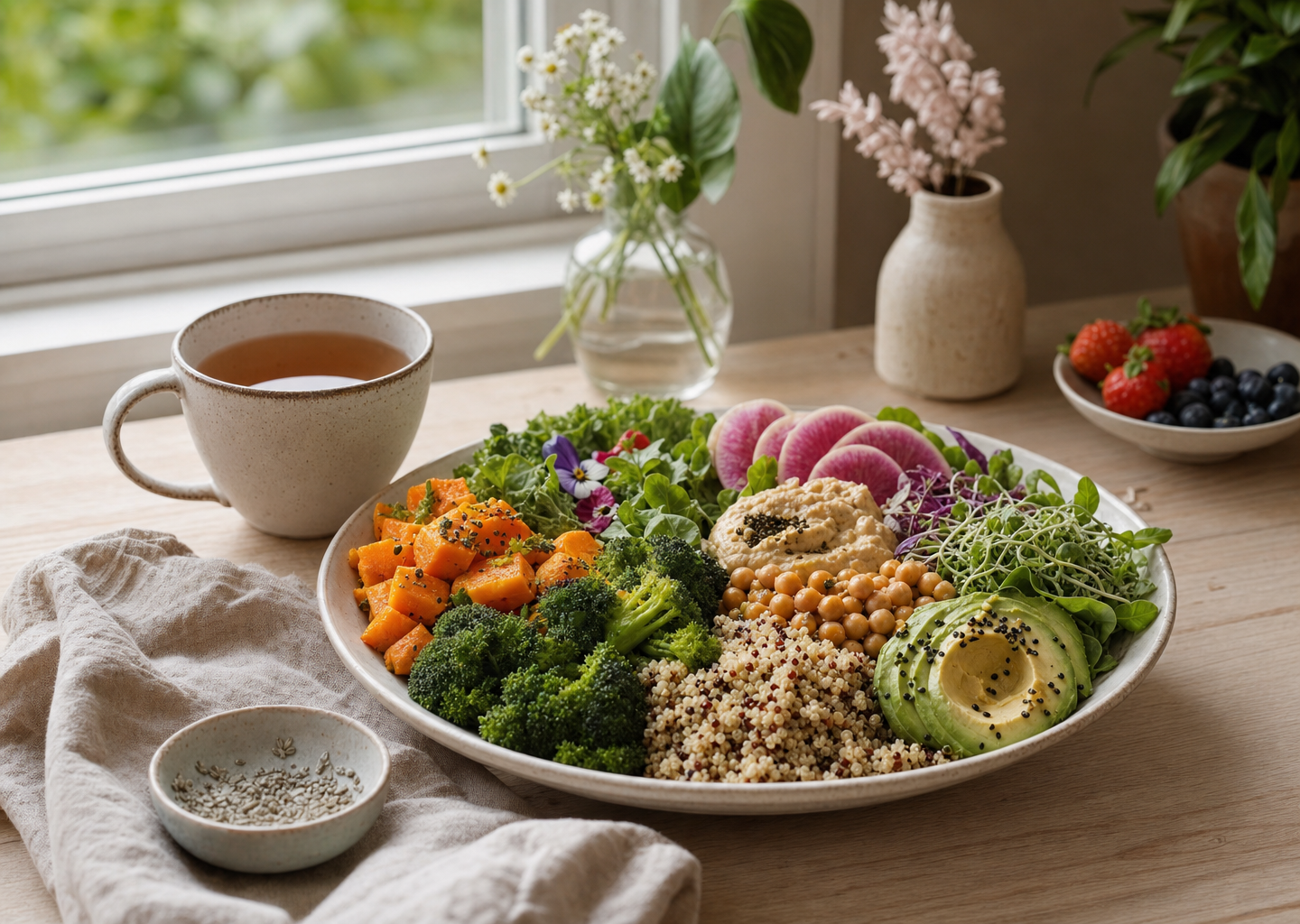Repas sain et coloré composé de légumes frais, fruits et céréales complètes disposés avec douceur près d'une fenêtre lumineuse, ambiance sereine et bienveillante évoquant une relation apaisée à la nourriture.