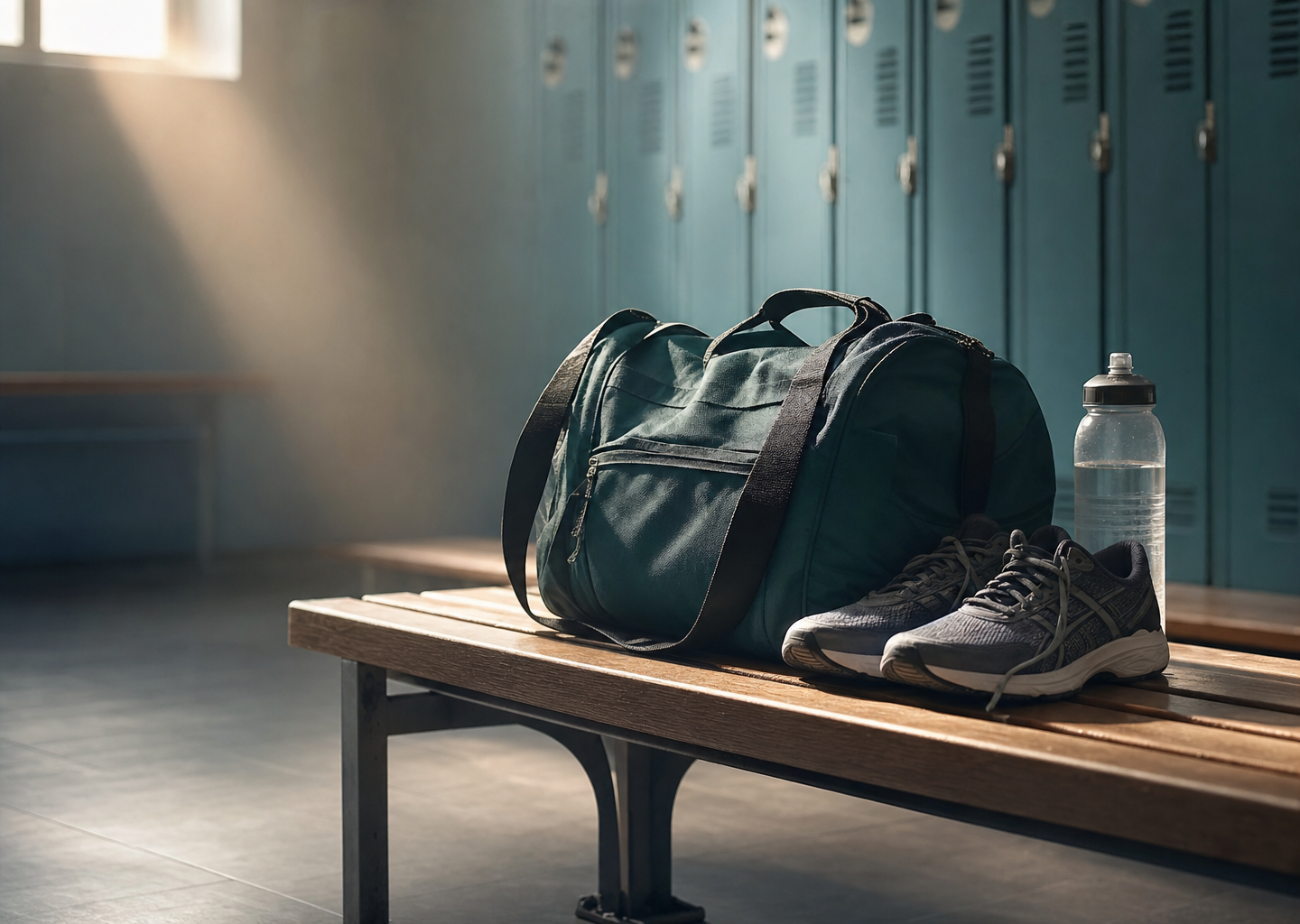 Sac de sport et chaussures de running sur un banc dans un vestiaire calme avant une compétition, lumière concentrée évoquant la préparation mentale du sportif