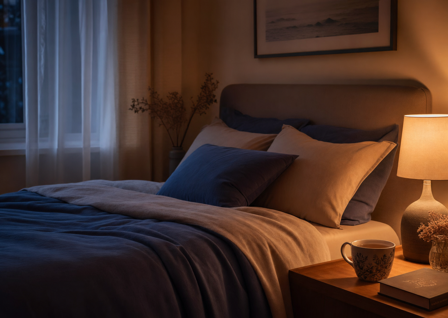 Chambre douce et tamisée le soir avec lampe de chevet chaleureuse et lit accueillant, ambiance apaisée propice à l'endormissement