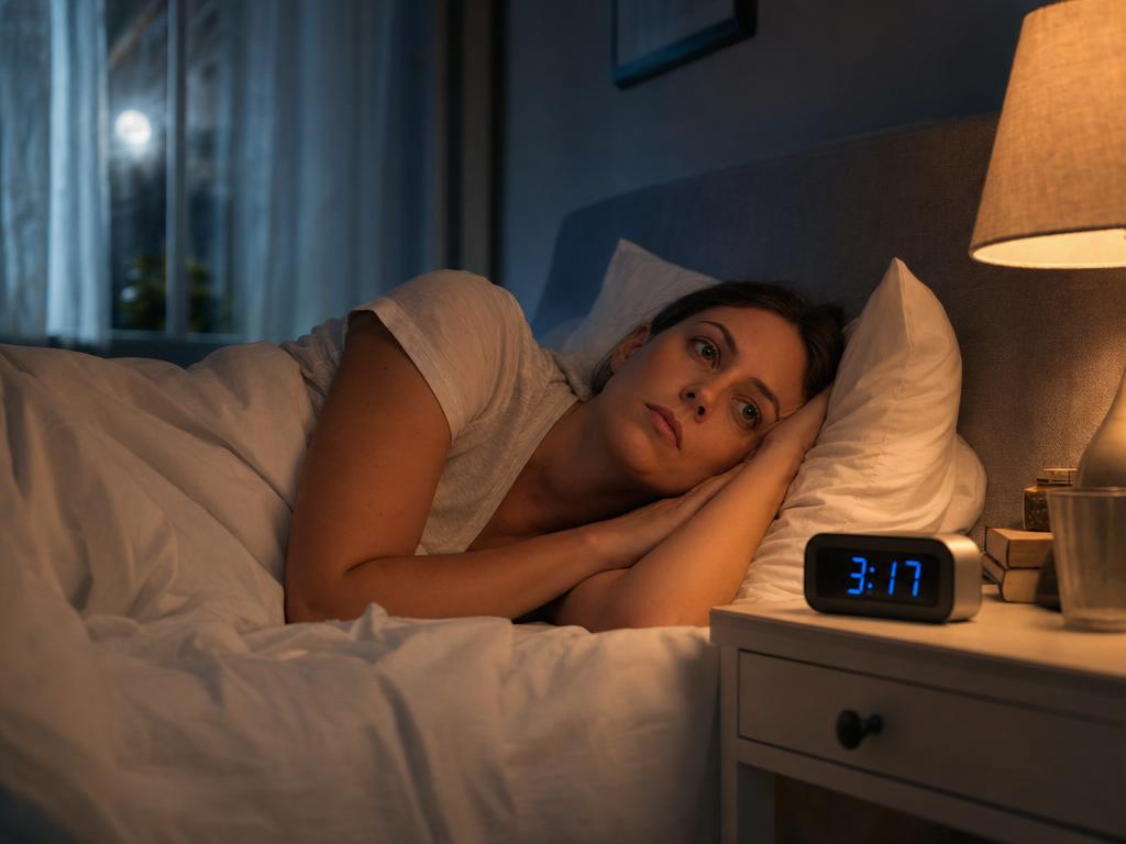 Femme allongée dans son lit la nuit, les yeux ouverts, souffrant d'insomnie avec un réveil affichant 3h17 sur la table de nuit
