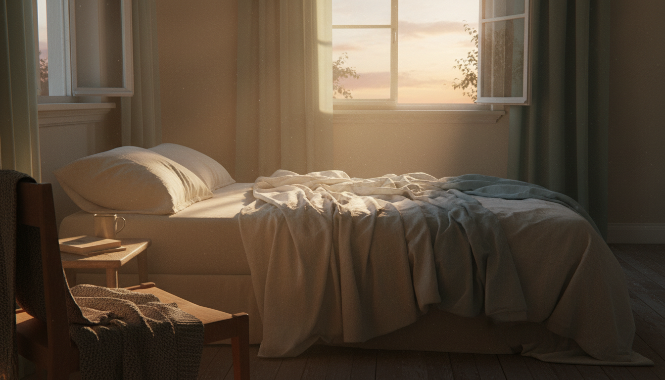 Chambre paisible à l'aube baignée d'une lumière dorée, lit aux draps de lin et fenêtre entrouverte, ambiance calme et pleine d'espoir évoquant des nuits retrouvées grâce à la rééducation du sommeil