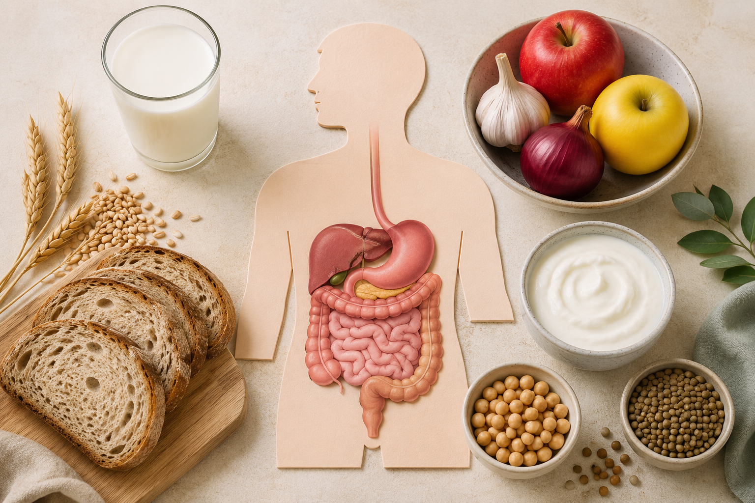Illustration éducative des aliments concernés par les intolérances alimentaires : lait, pain, blé, fruits et légumes autour du système digestif