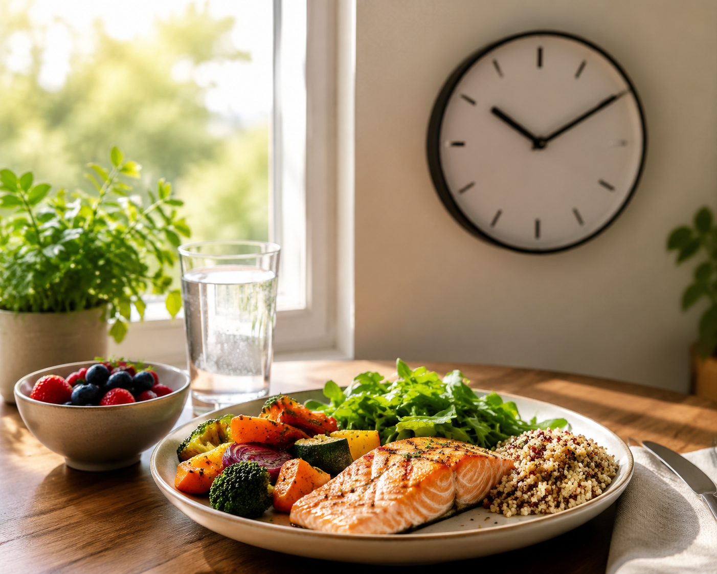Repas équilibré et coloré posé près d'une horloge, illustrant la fenêtre alimentaire du jeûne intermittent
