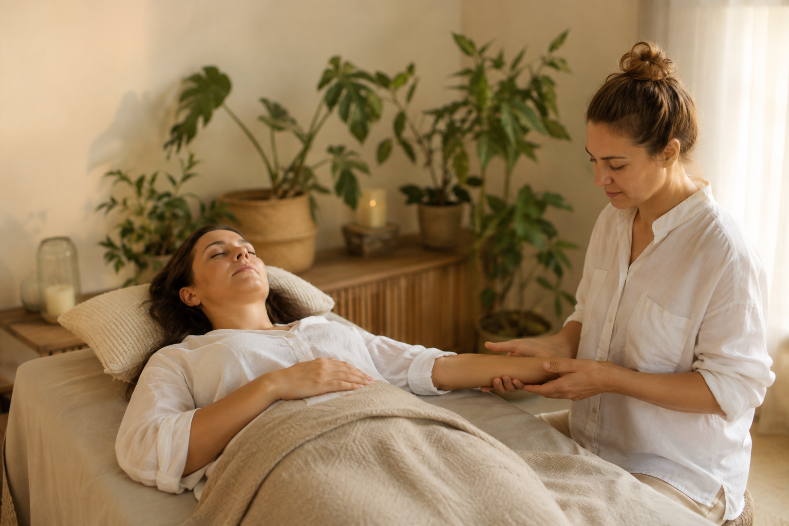 Séance de bien-être et de détente : une personne allongée, détendue, accompagnée en douceur