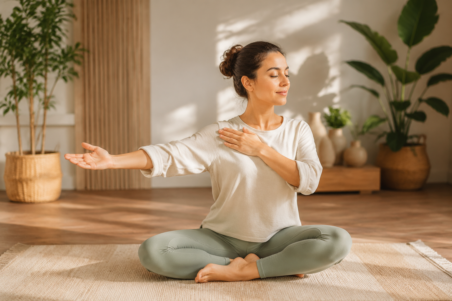 Séance de bien-être en kinésiologie : exercices de mouvement doux dans une ambiance sereine