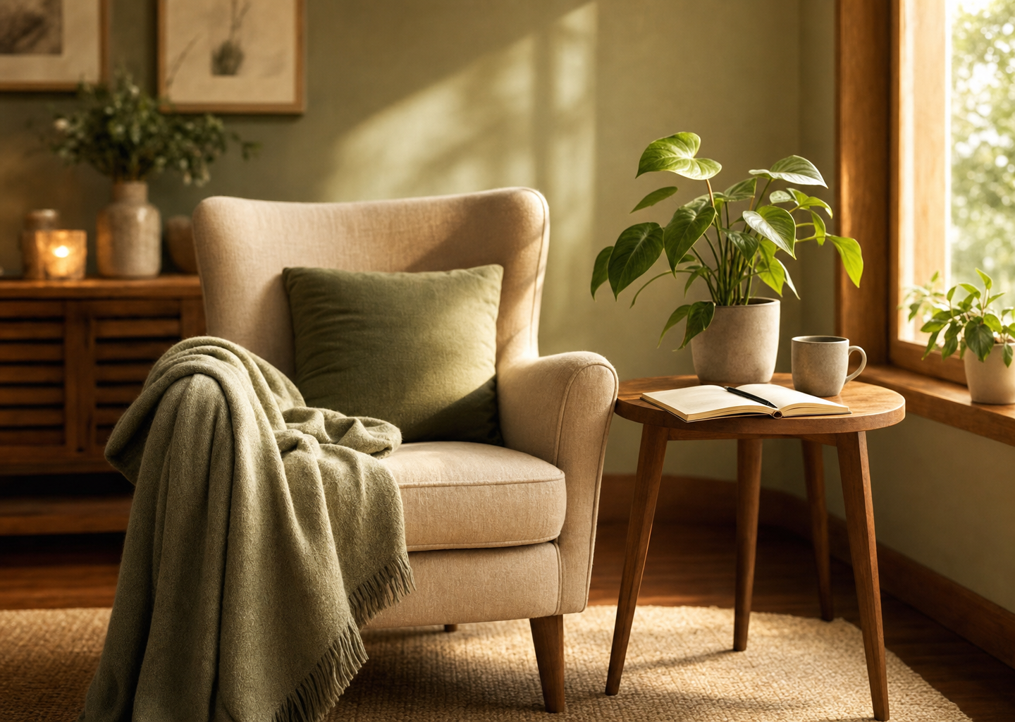 Cabinet de bien-être chaleureux avec un fauteuil confortable, une plante verte et un carnet, évoquant la confiance en soi et la sérénité
