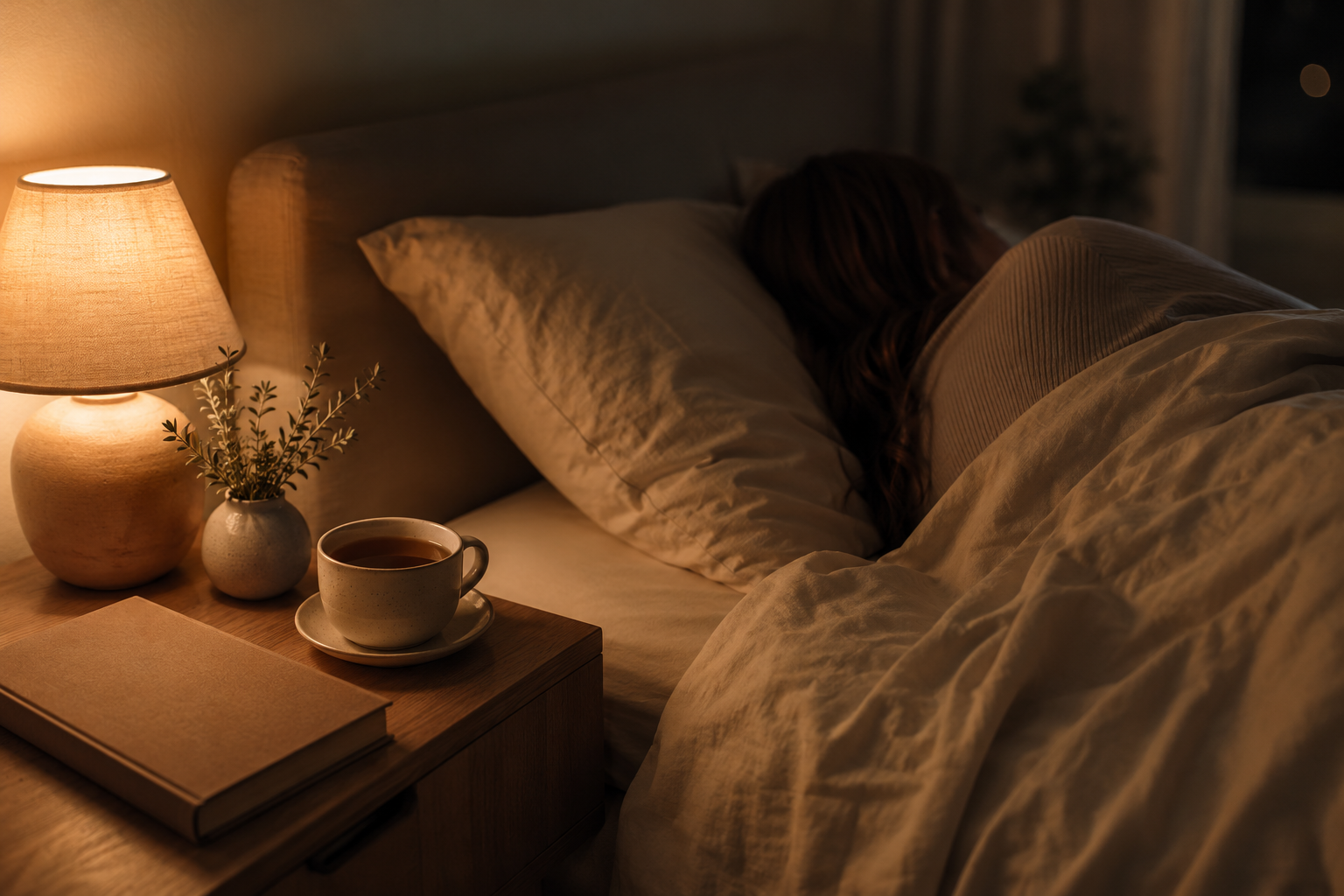 Chambre chaleureuse et apaisante le soir, lumière douce et cocon propice à un sommeil réparateur et à la détente
