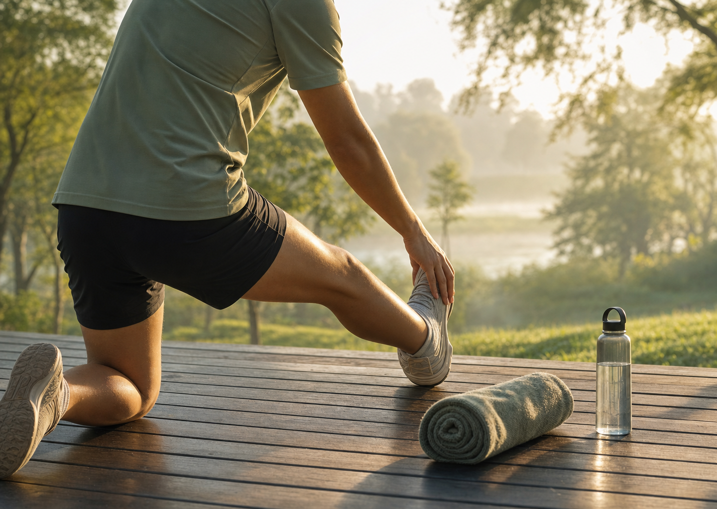 Sportif réalisant un étirement doux en extérieur dans une lumière matinale, évoquant la détente, l'écoute du corps et le bien-être mental du sportif