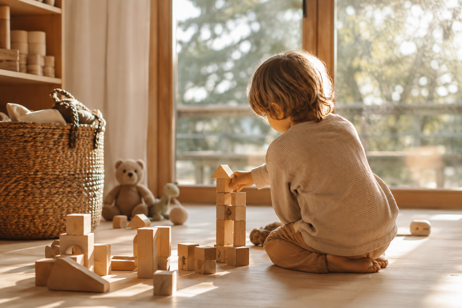 Jeune enfant jouant et parlant tout seul dans une lumière douce et chaleureuse