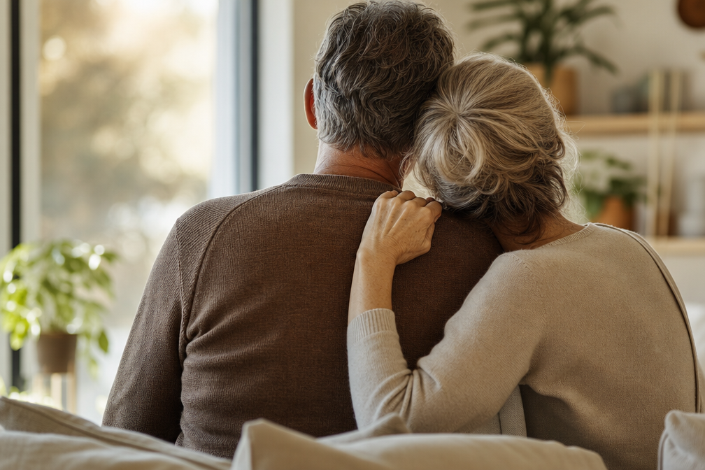 Couple senior complice et souriant partageant un moment de tendresse à la lumière douce, symbole du désir retrouvé après 50 ans