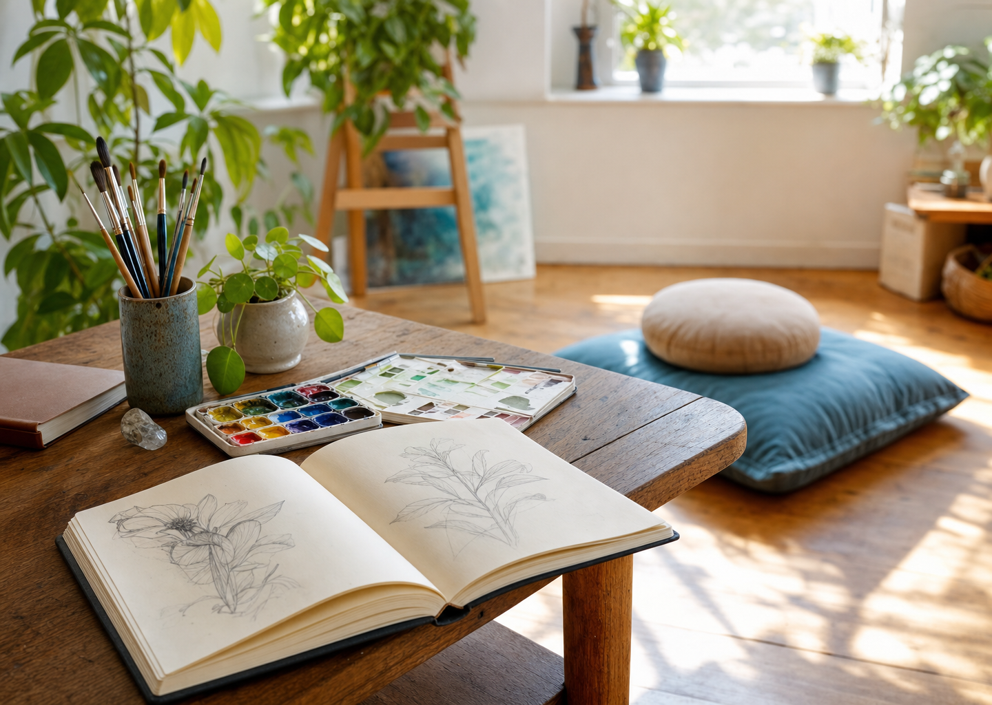 Atelier d'artiste lumineux avec carnet de croquis ouvert, aquarelles, pinceaux et coussin de méditation au sol entouré de plantes vertes
