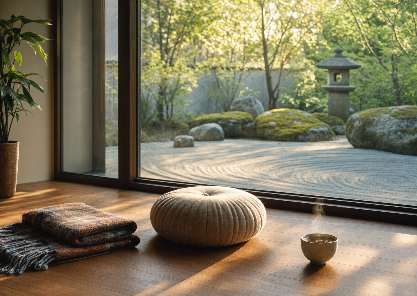 Coussin de méditation face à une baie vitrée donnant sur un jardin zen, lumière douce du matin, plaid et tasse de thé