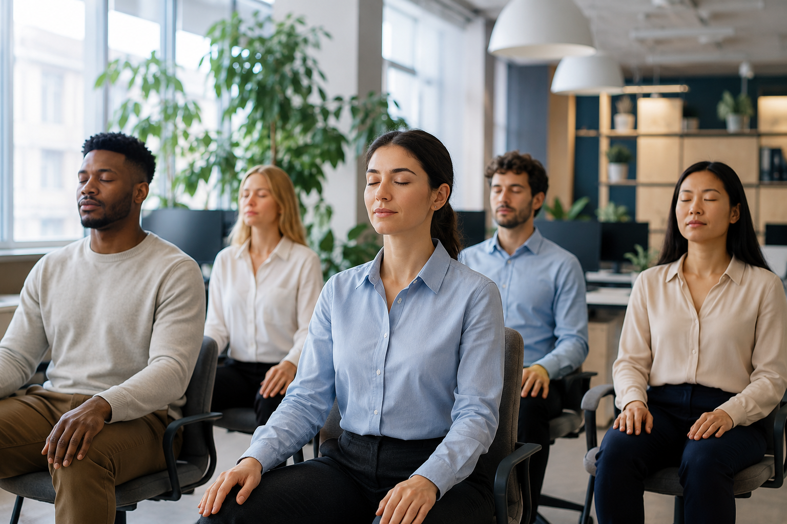 Groupe de salariés pratiquant une courte séance de méditation de pleine conscience dans un bureau lumineux