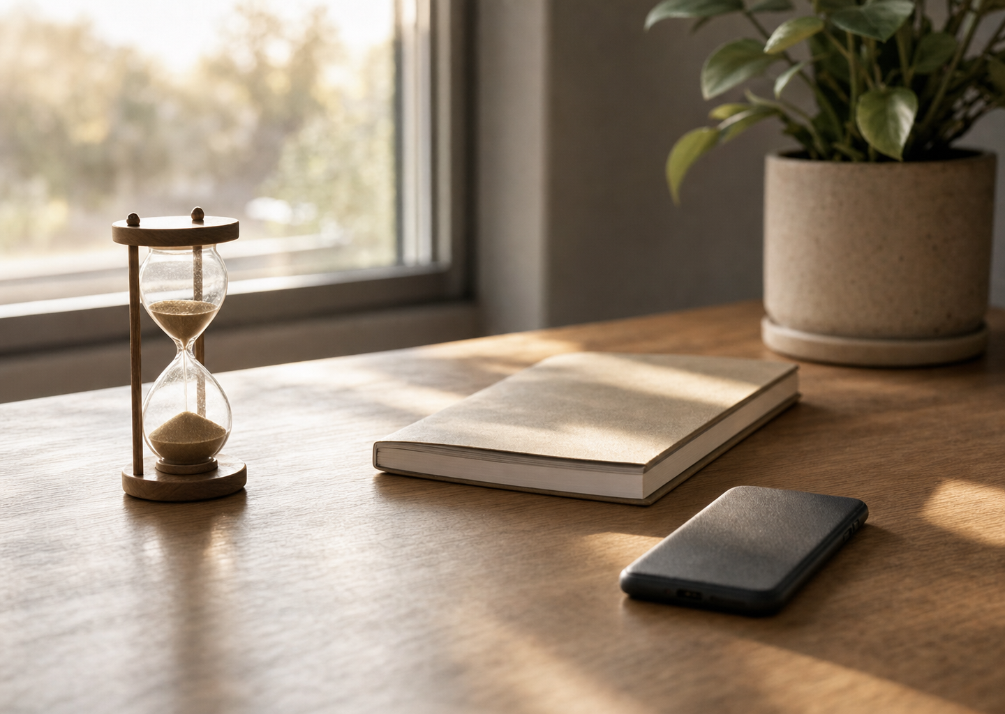 Bureau épuré au calme avec un sablier, un carnet fermé et un téléphone retourné dans la lumière douce du matin, évoquant l'entraînement de l'attention par la méditation