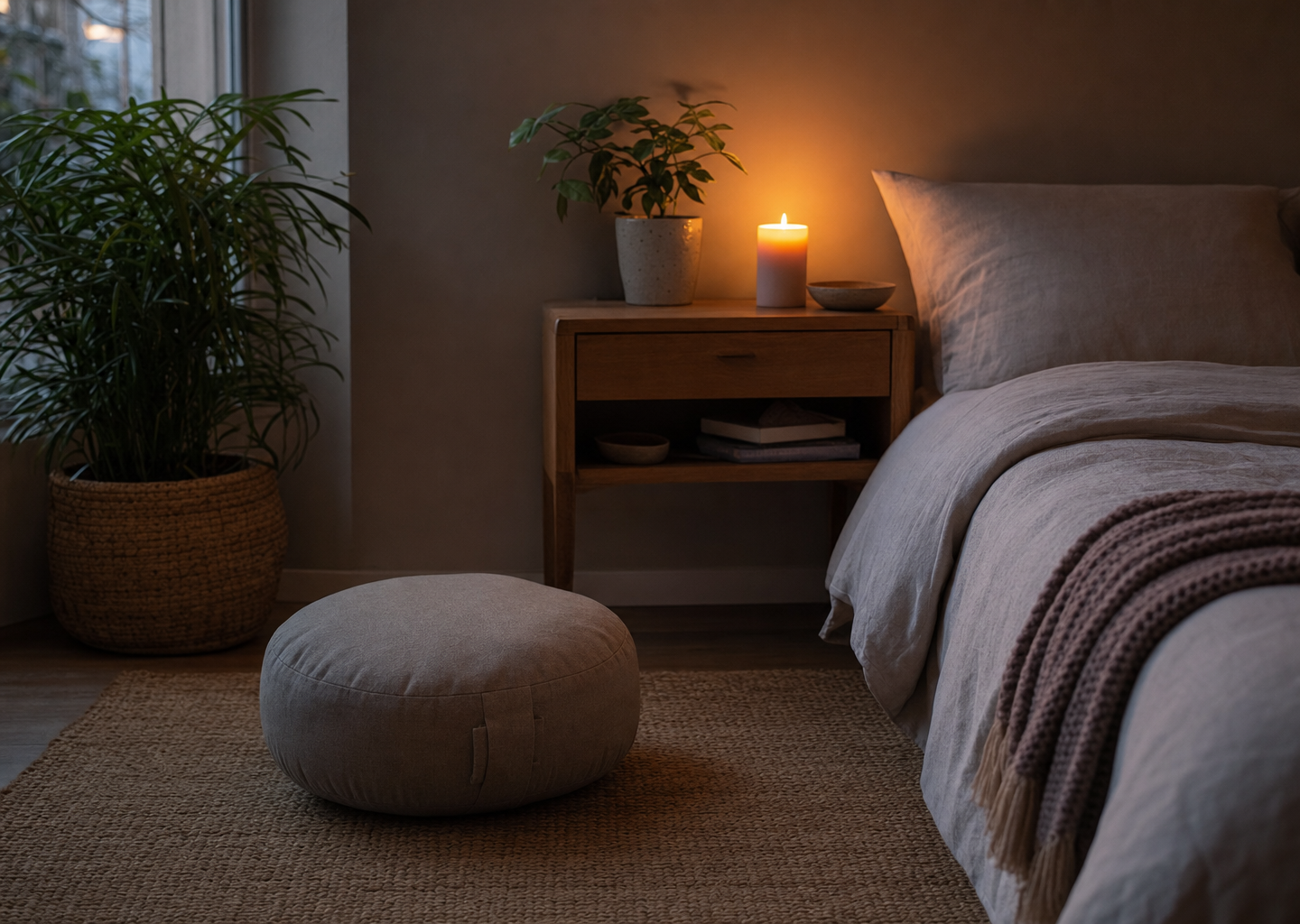 Chambre paisible au crépuscule avec un coussin de méditation près du lit, une bougie allumée et une plante verte, ambiance calme du soir