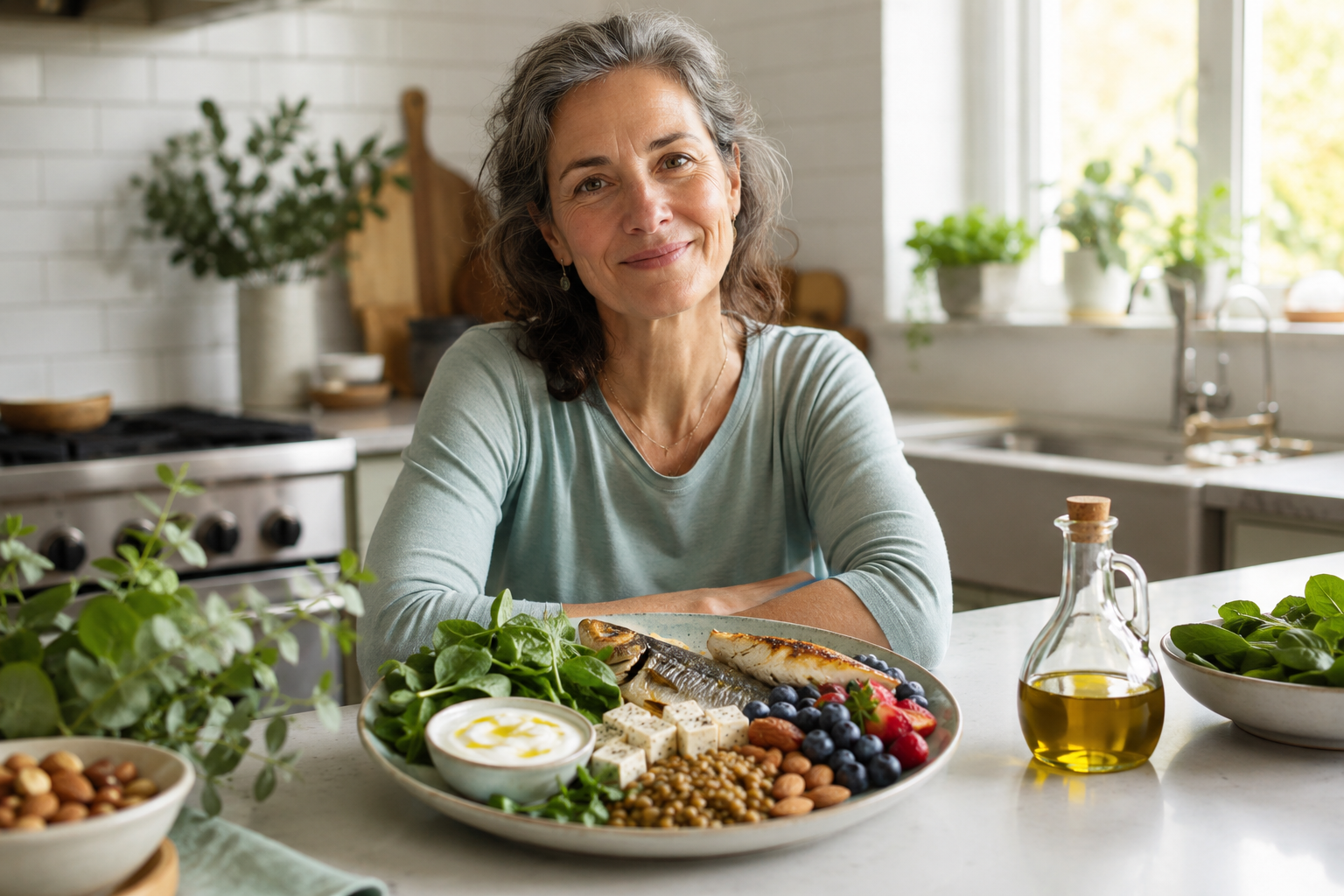 Femme d'âge mûr sereine devant une assiette équilibrée riche en calcium et en végétaux, lumière douce