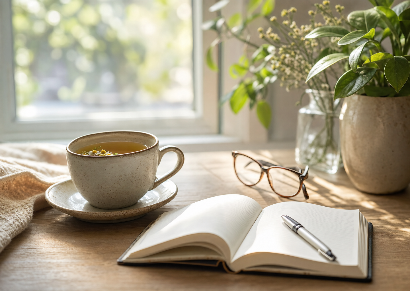 Tasse de thé, carnet et lunettes sur une table près d une fenêtre lumineuse, ambiance calme et sereine évoquant l équilibre émotionnel à la ménopause