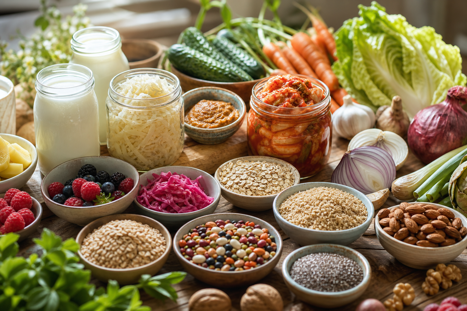 Table en bois garnie d'aliments fermentes et riches en fibres colores, yaourt, kefir, choucroute, legumes et fruits, favorables au microbiote intestinal et a l'immunite