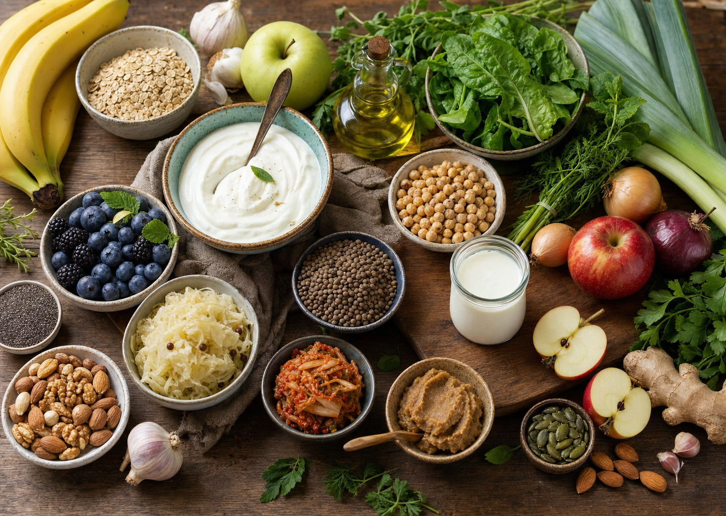 Table en bois garnie d aliments frais et colorés riches en fibres et en ferments favorables au microbiote intestinal