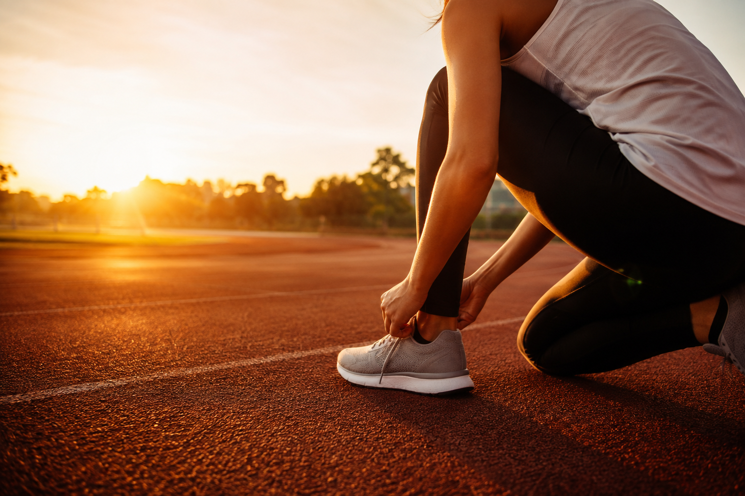 Coureur nouant ses chaussures à l'aube sur une piste d'athlétisme, ambiance chaleureuse et motivante évoquant le monologue intérieur positif et la performance