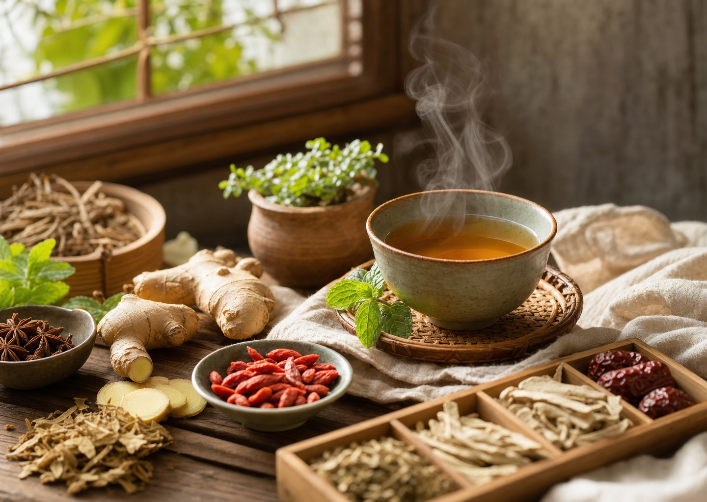 Tisane chaude, gingembre et plantes médicinales chinoises sur une table en bois, ambiance sereine évoquant la digestion et le bien-être en médecine traditionnelle chinoise