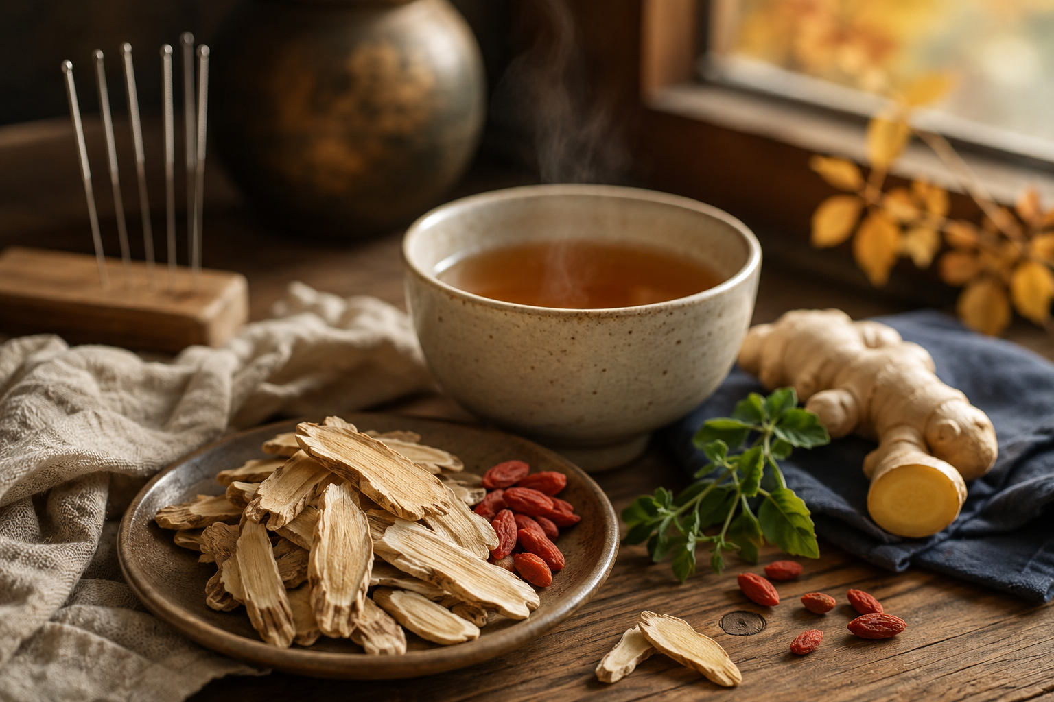 Tisane de plantes chinoises fumante, racine d'astragale et gingembre sur une table en bois baignée de lumière douce, ambiance apaisante de médecine traditionnelle chinoise