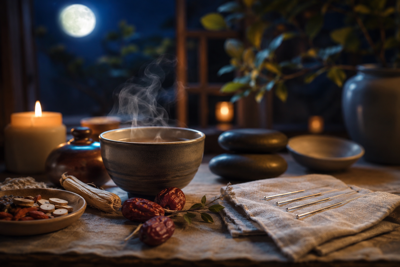 Ambiance nocturne apaisante de médecine traditionnelle chinoise : tisane, fines aiguilles d'acupuncture et pierres de massage pour un sommeil réparateur