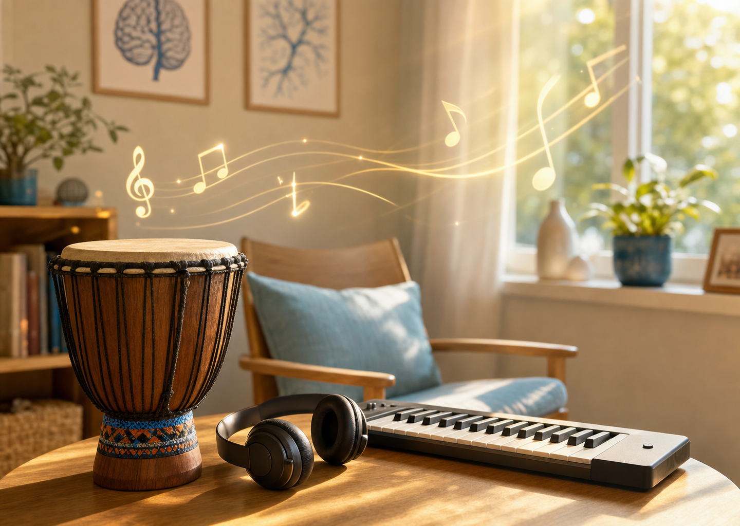 Instruments de musique et notes lumineuses dans une ambiance chaleureuse évoquant la rééducation par la musicothérapie après un AVC