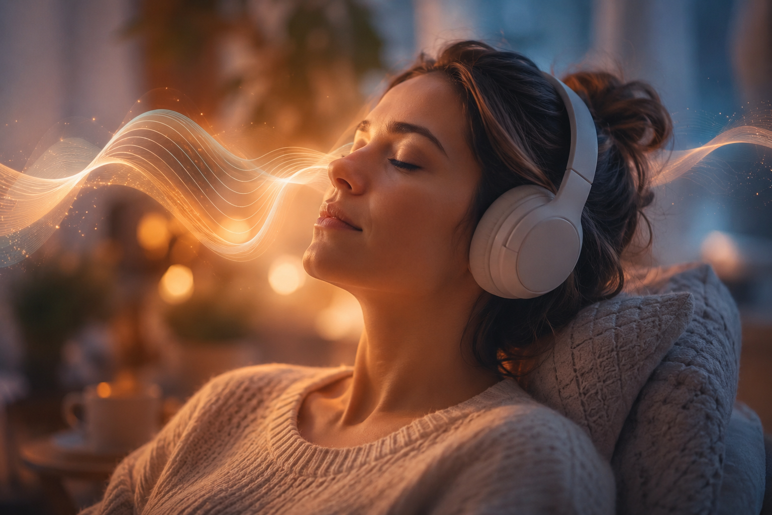 Personne apaisée écoutant de la musique au casque, ambiance douce et enveloppante, ondes sonores stylisées