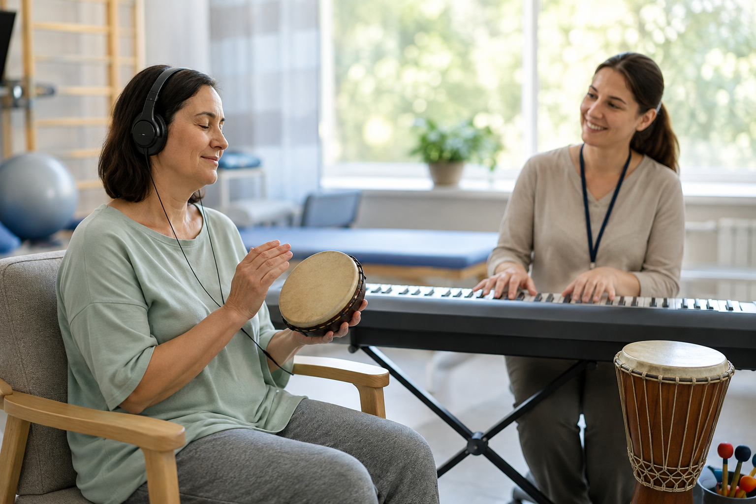 Séance de musicothérapie en rééducation neurologique : patient serein au casque avec un musicothérapeute et des instruments, lumière douce