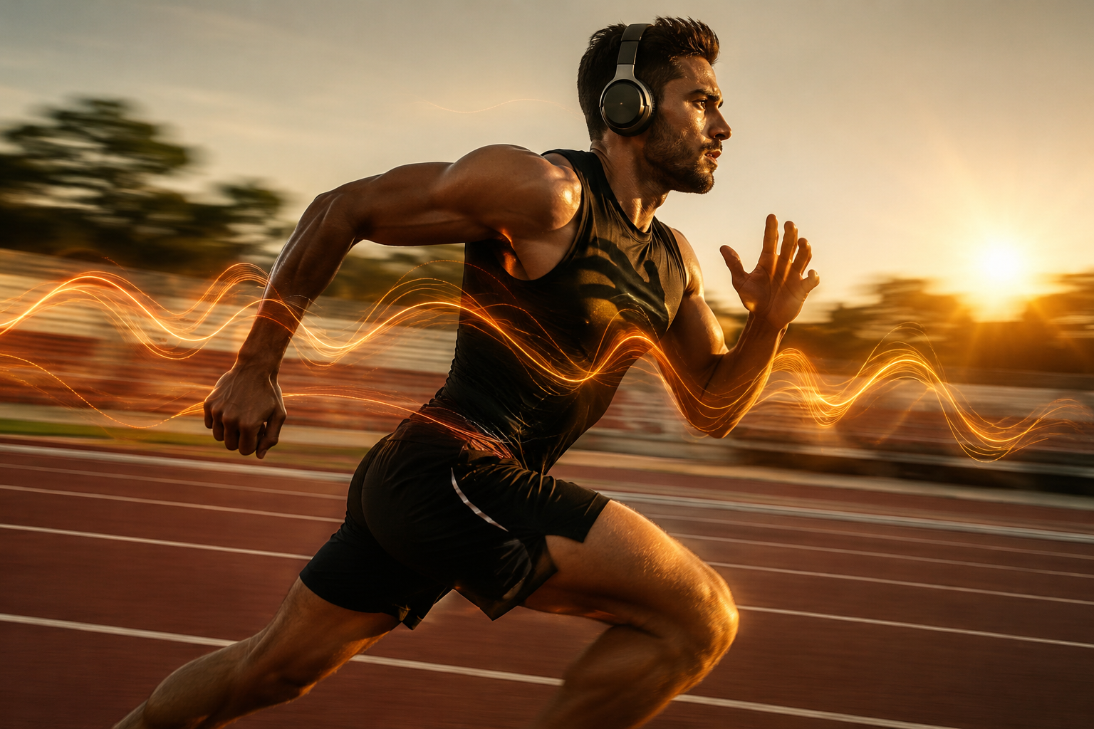 Coureur athlétique en plein sprint sur une piste au coucher du soleil, casque audio sans fil, énergie et mouvement évoquant la musique dans le sport