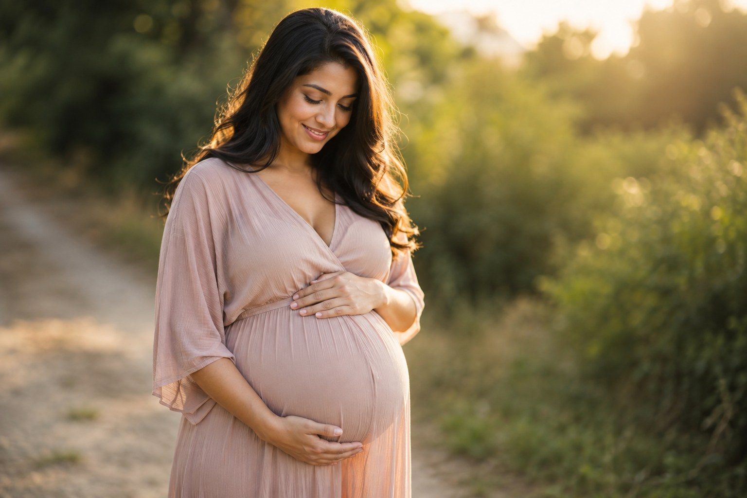 Femme enceinte sereine et épanouie en pleine nature, accompagnement bien-être de la grossesse