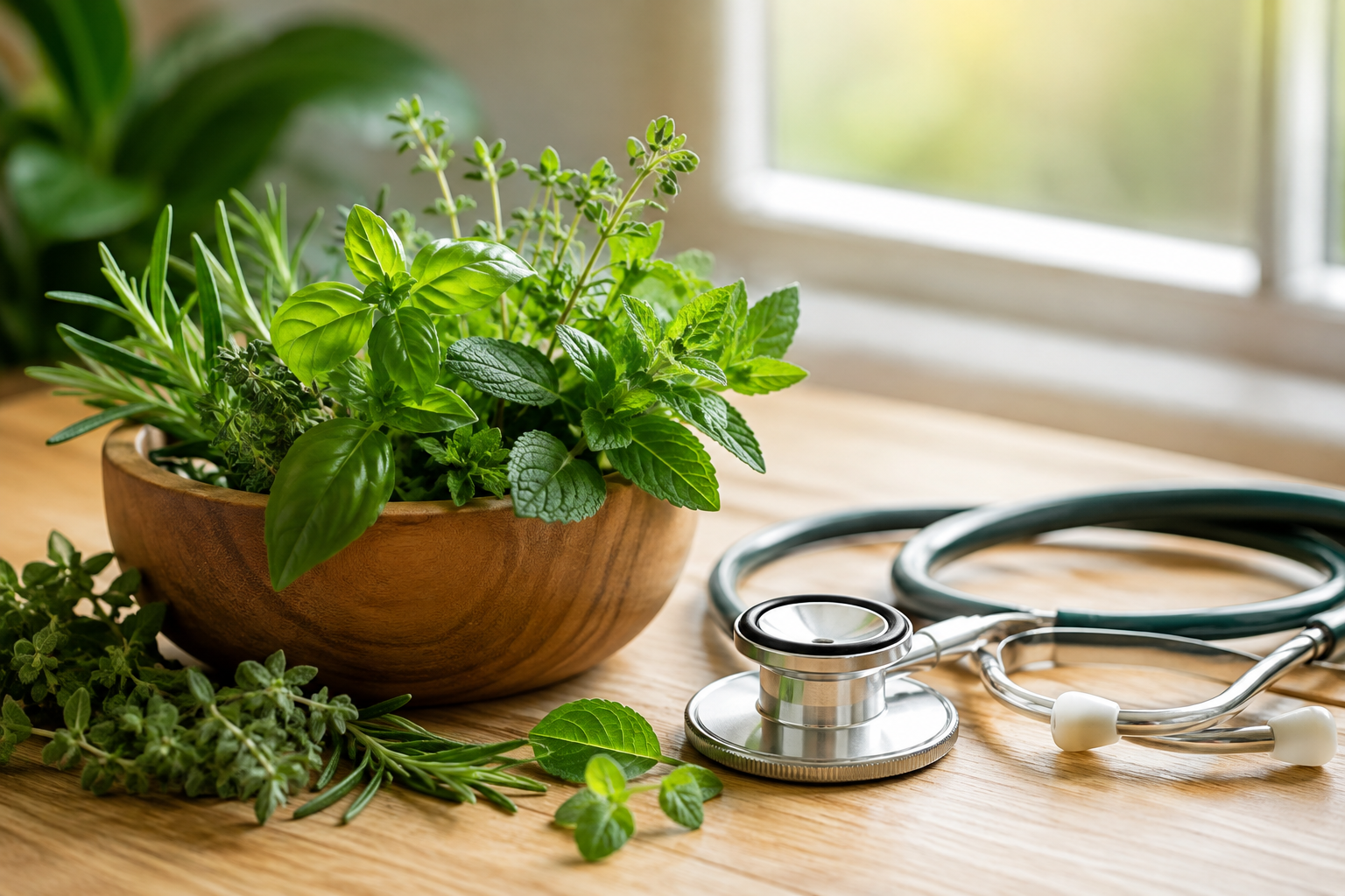 Plantes médicinales fraîches et stéthoscope de médecin posés sur une table en bois clair, symbole de la complémentarité entre naturopathie et médecine