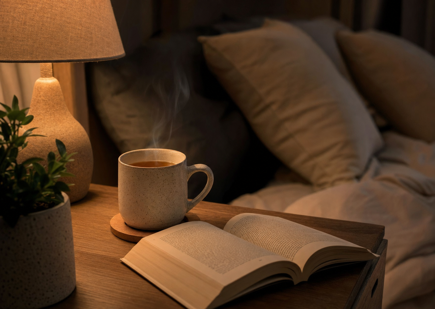 Rituel du soir apaisant : tisane chaude, livre ouvert, plante verte et lampe à lumière tamisée dans une chambre ordonnée propice au sommeil