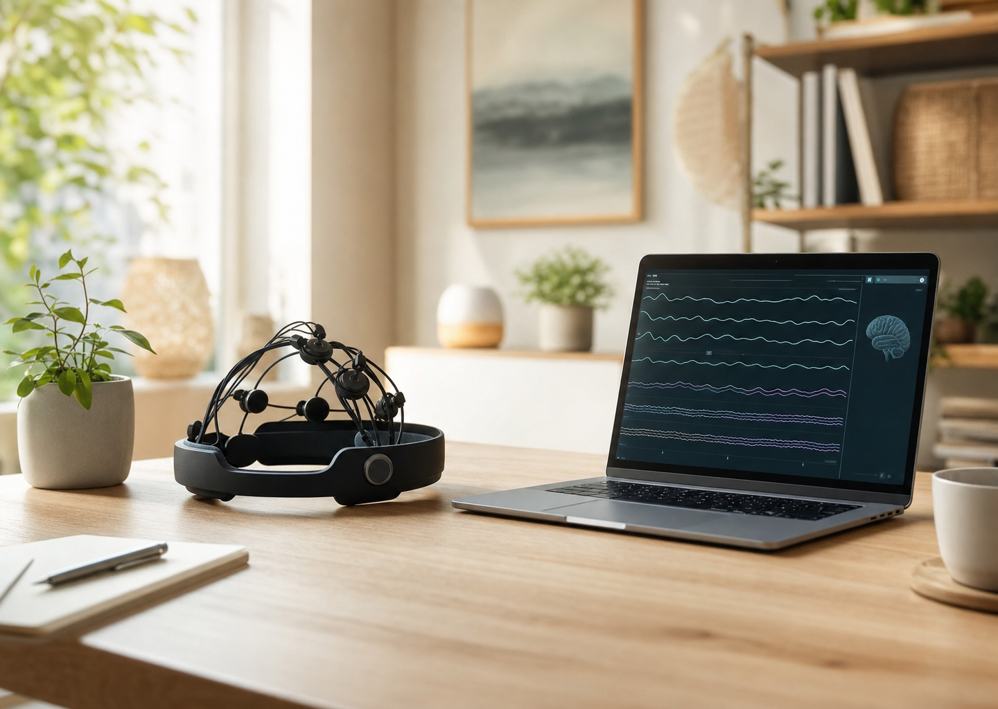Casque EEG de neurofeedback posé sur un bureau clair avec un écran affichant des ondes cérébrales douces