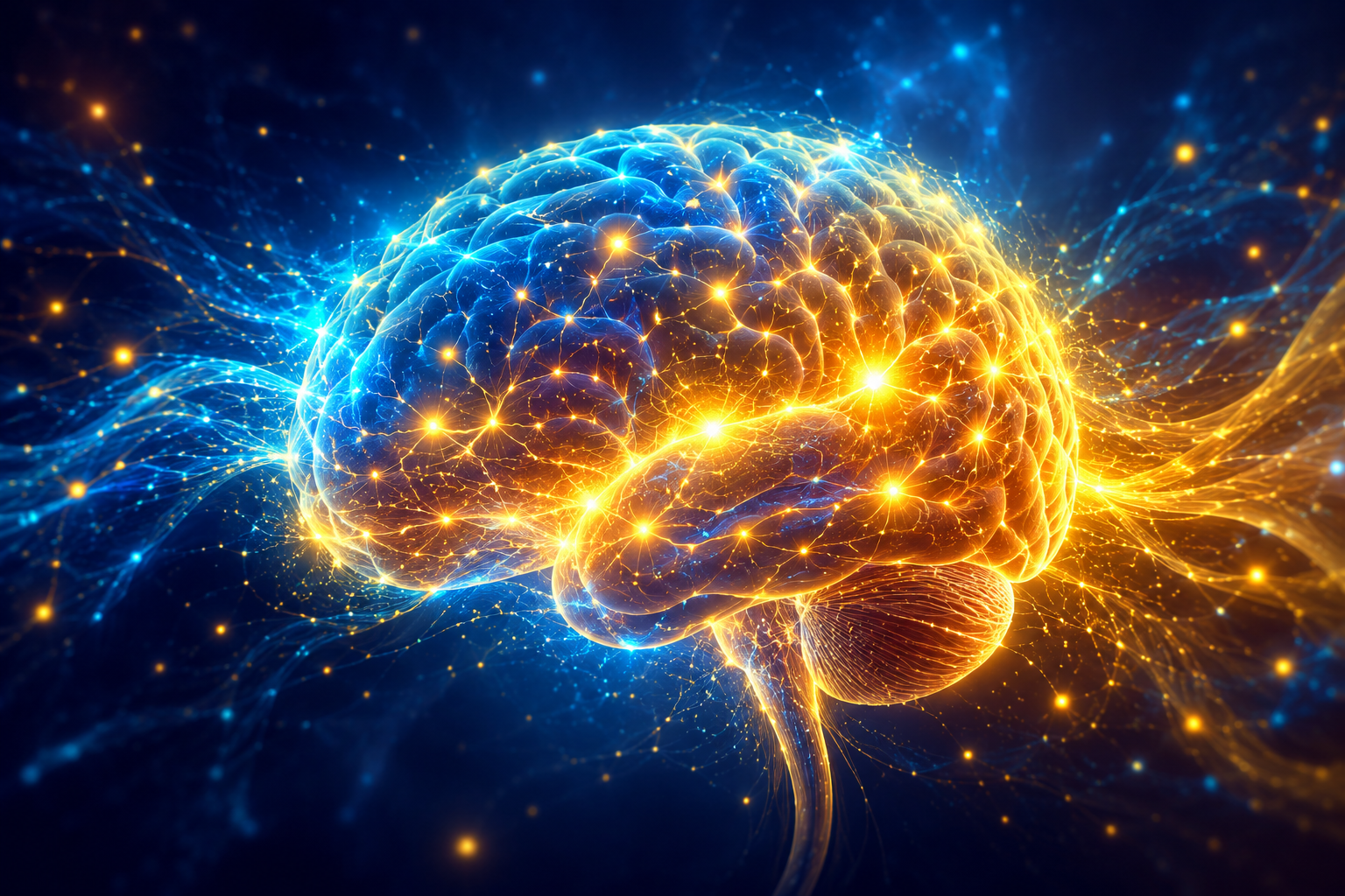 Cerveau lumineux et connexions neuronales dynamiques symbolisant la neuroplasticité, l'apprentissage et la transformation