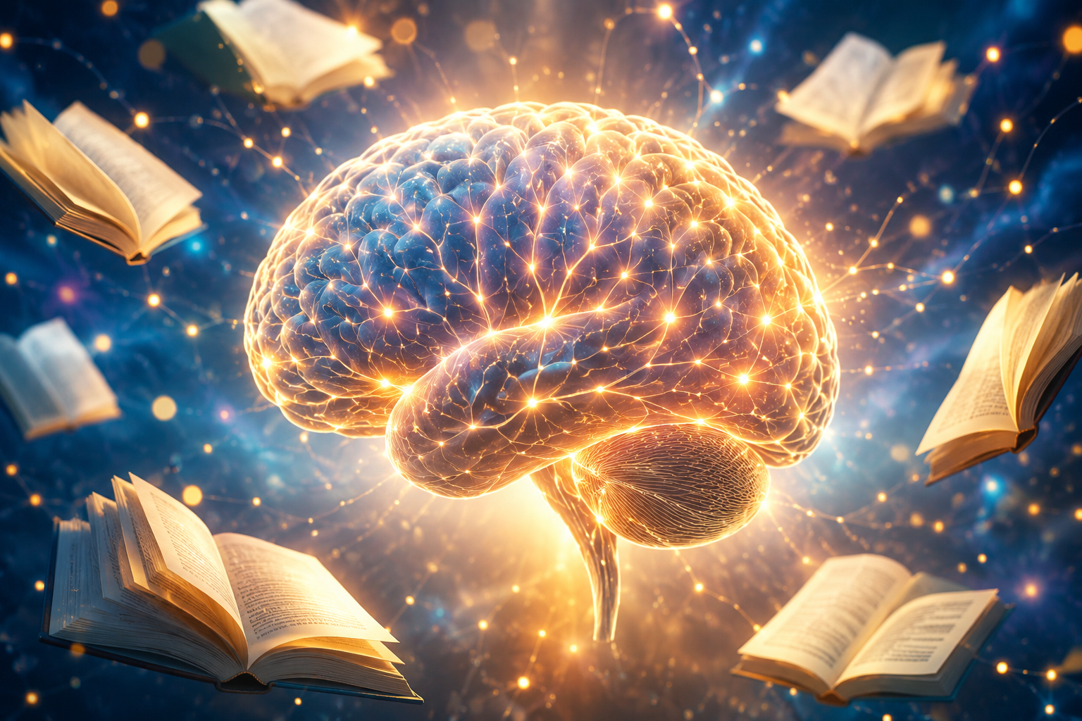 Cerveau lumineux et connexions neuronales stylisées entouré de livres, symbolisant l apprentissage et la mémoire