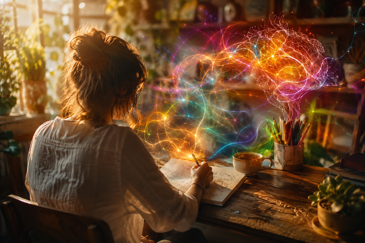 Illustration lumineuse et inspirante de la créativité et du cerveau, idées prenant forme dans un environnement chaleureux