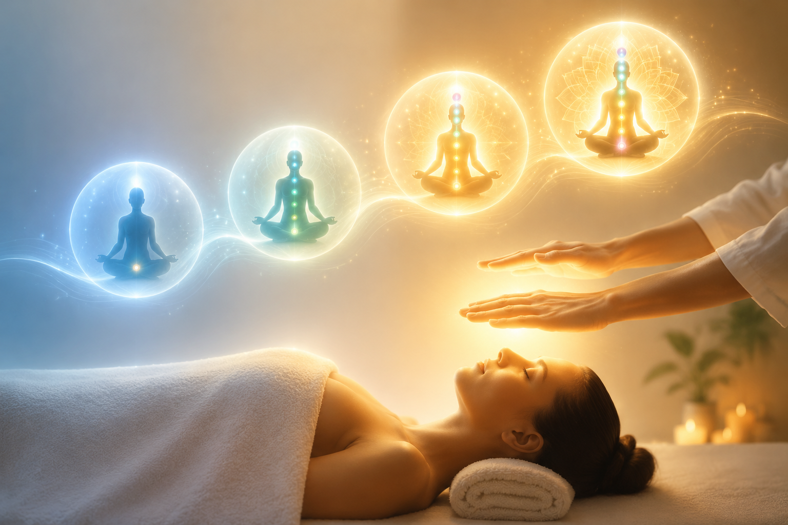 Illustration apaisante représentant les niveaux de pratique du Reiki, du premier degré à la maîtrise