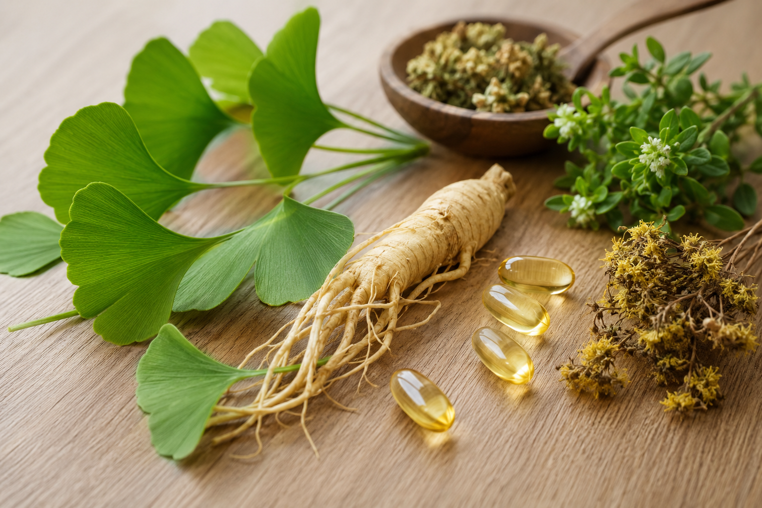 Plantes et compléments à visée cognitive : feuilles de ginkgo biloba, racine de ginseng et gélules dans une ambiance naturelle et sereine