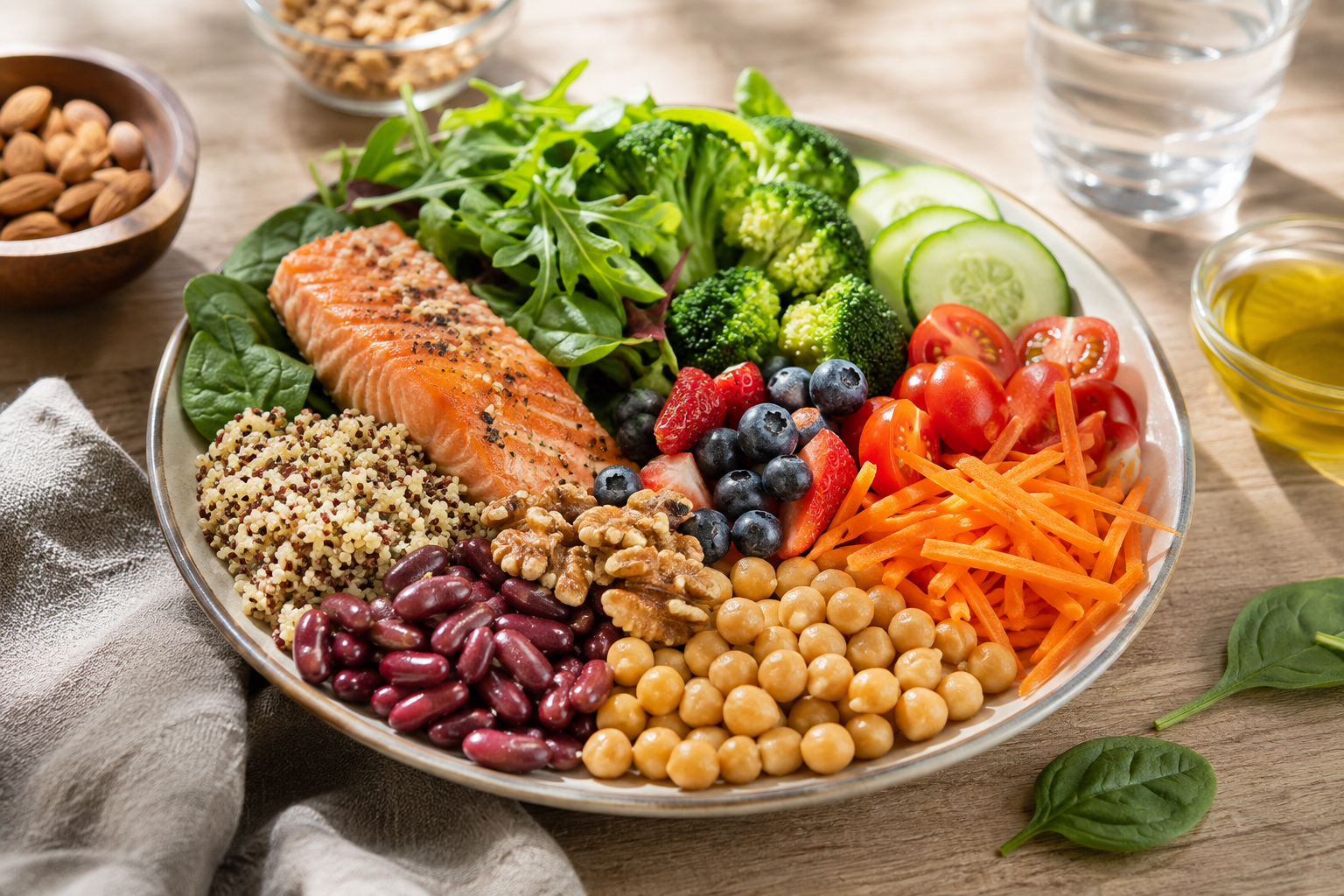 Assiette équilibrée d'aliments frais et colorés illustrant la nutrition fonctionnelle personnalisée