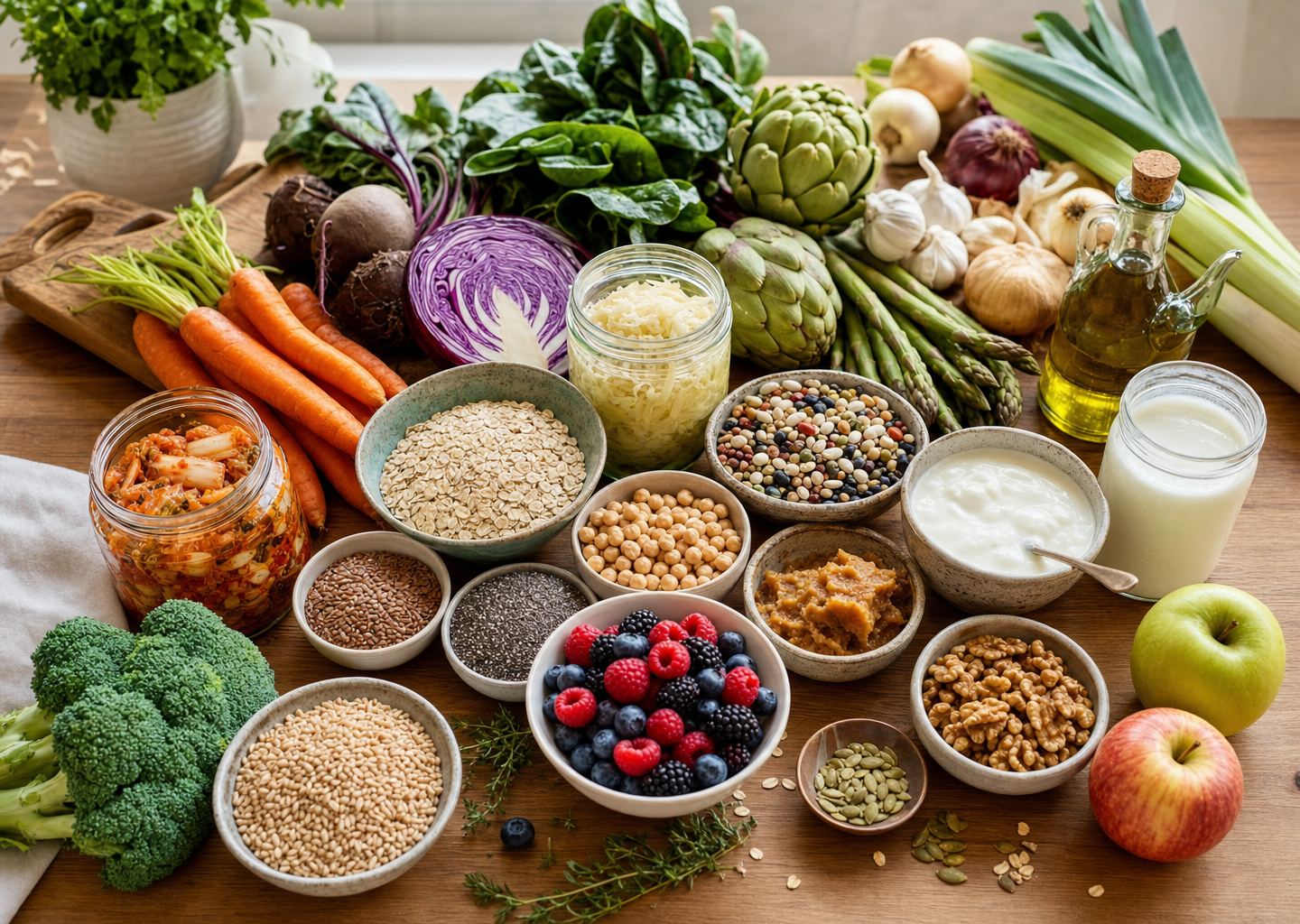Étal coloré et abondant d'aliments favorables au microbiote intestinal : légumes variés, légumineuses, aliments fermentés (choucroute, kéfir, yaourt), fruits et noix sur une table lumineuse