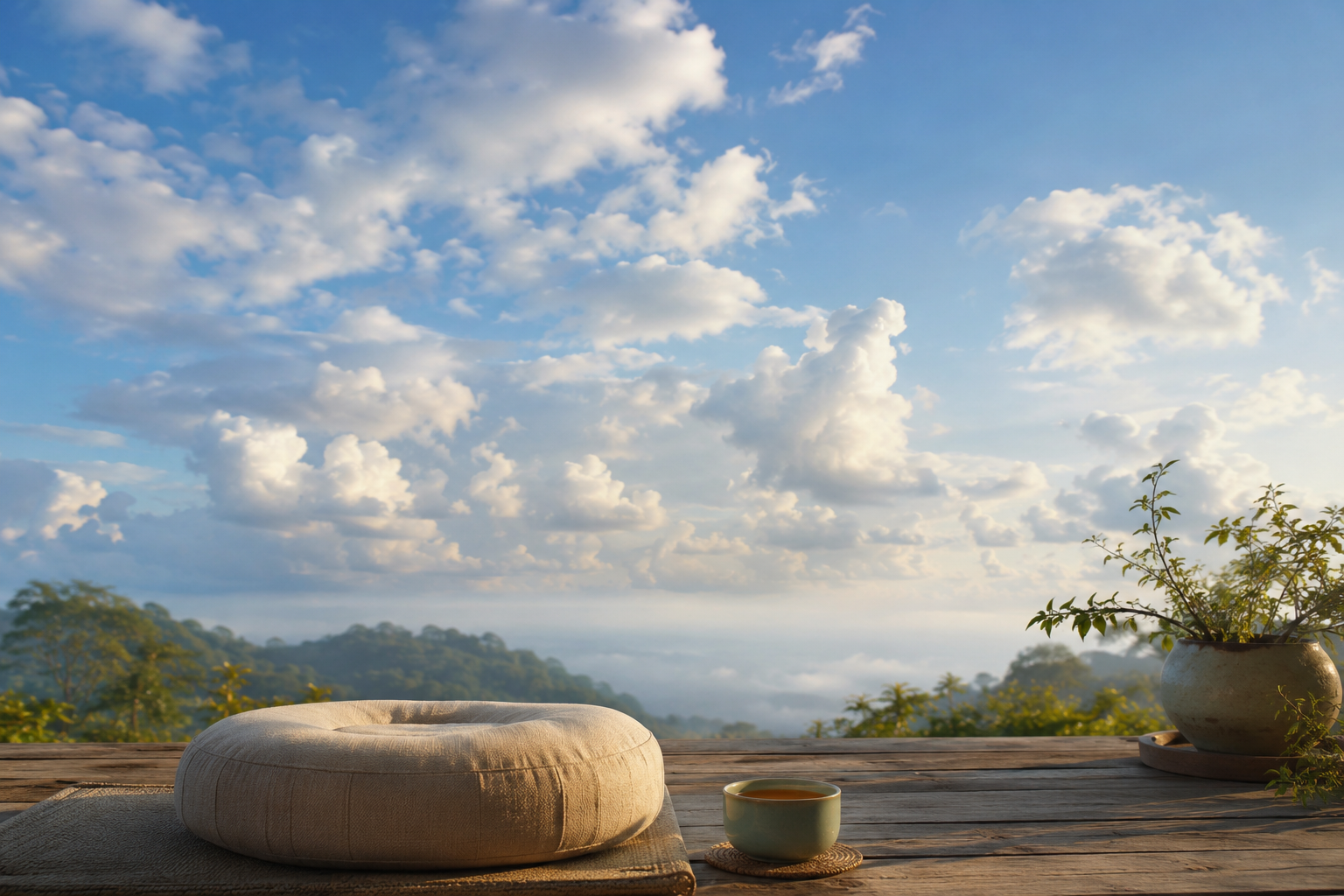 Ciel bleu apaisant parcouru de nuages doux au-dessus d'une terrasse en bois, évoquant l'observation des pensées qui passent en pleine conscience