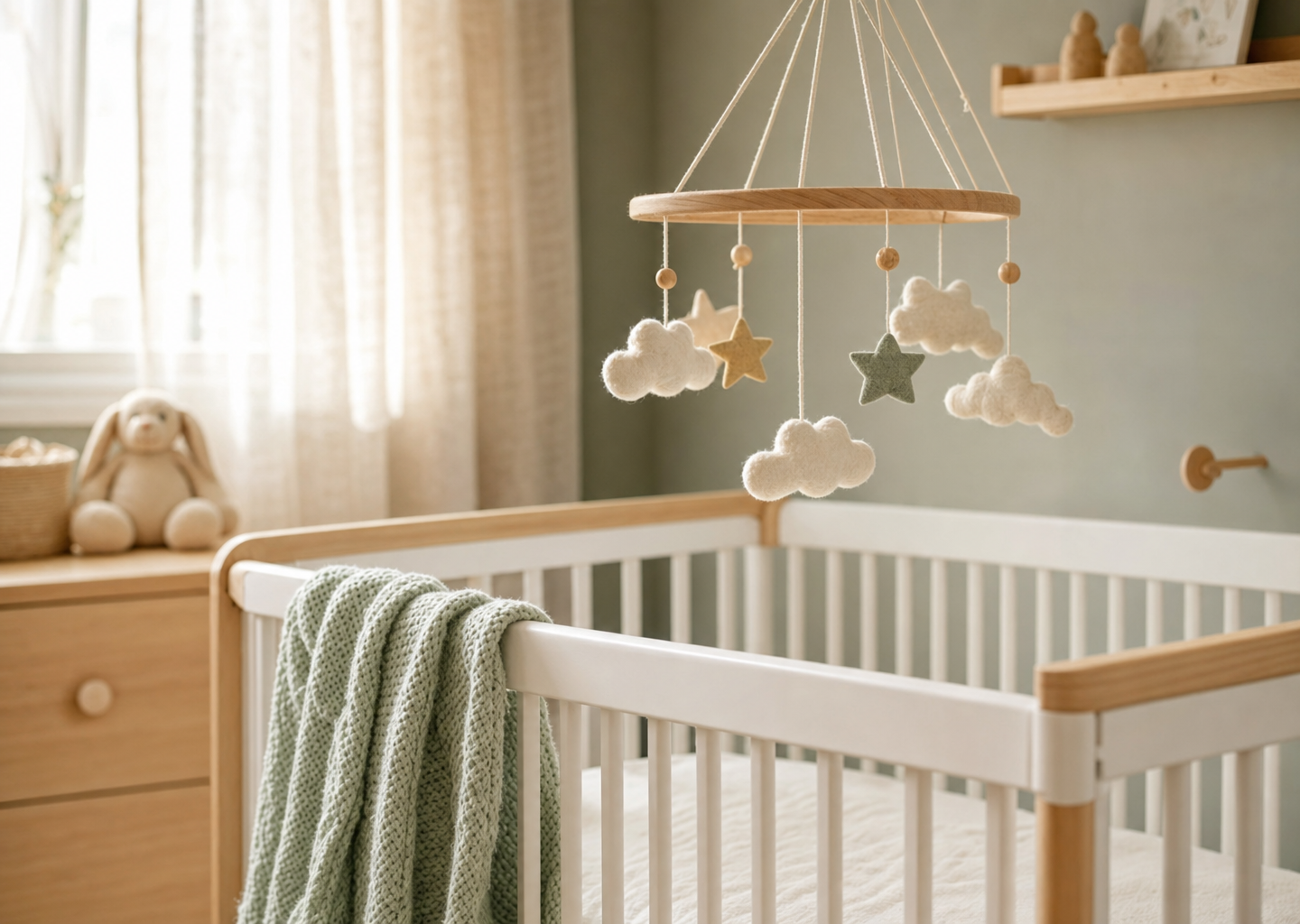 Chambre de bébé lumineuse avec mobile en bois au-dessus d'un berceau vide et couverture pastel, ambiance sereine