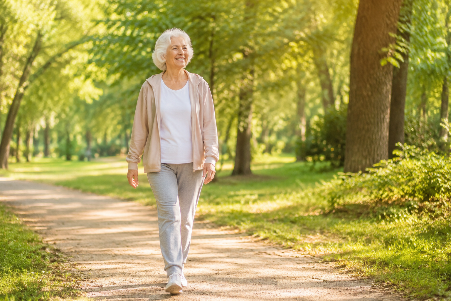 Femme senior souriante marchant avec aisance sur un chemin de parc ensoleillé, illustrant une mobilité préservée à un âge avancé.