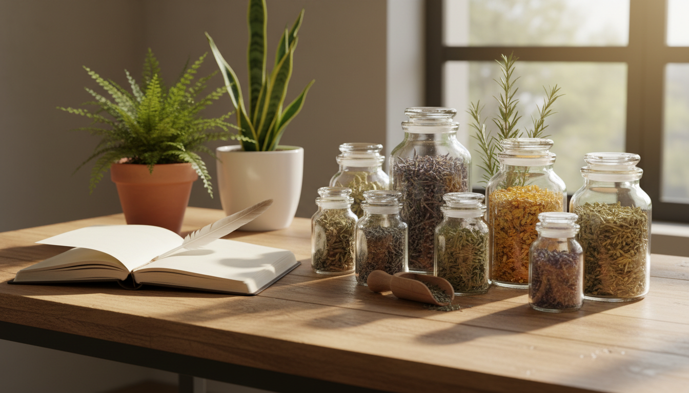 Bureau en bois de naturopathe avec bocaux de plantes séchées, cuillère en bois, carnet ouvert et plantes vertes, lumière chaleureuse d'atelier
