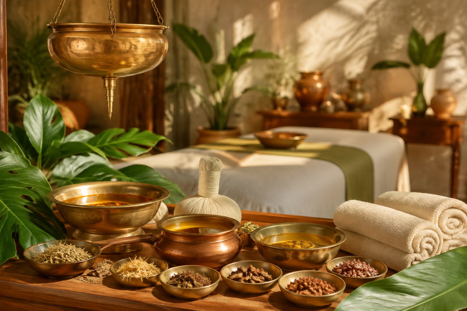 Illustration éditoriale d'une cure de détoxification ayurvédique Panchakarma : bols de cuivre, huiles et plantes médicinales dans un cadre apaisant