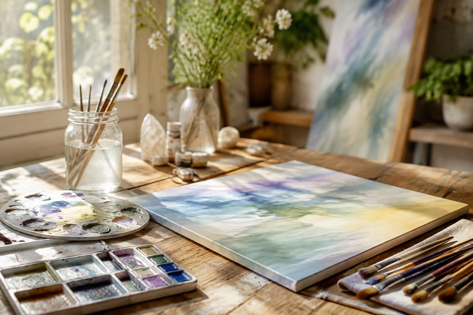 Atelier lumineux de peinture thérapeutique avec pinceaux, palette de couleurs pastel et toile apaisante